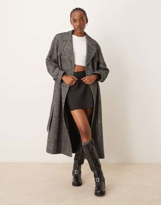 Miss Selfridge herringbone belted trench coat in mono ASOS