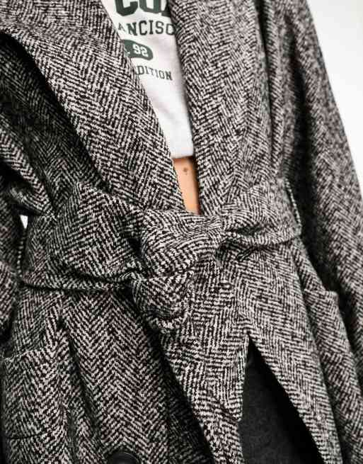 Miss Selfridge herringbone maxi wrap coat in mono