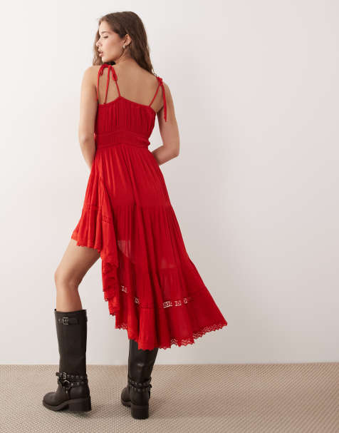 Miss Selfridge high low lace trim maxi dress in red - view 1