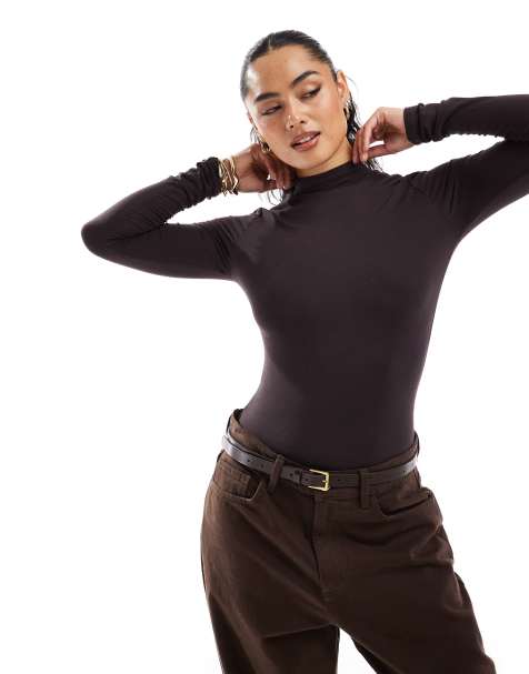 Miss Selfridge high neck bodysuit in chocolate - view 1