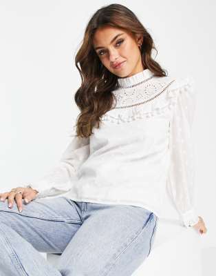 Miss Selfridge high neck broderie victoriana blouse in ivory-White