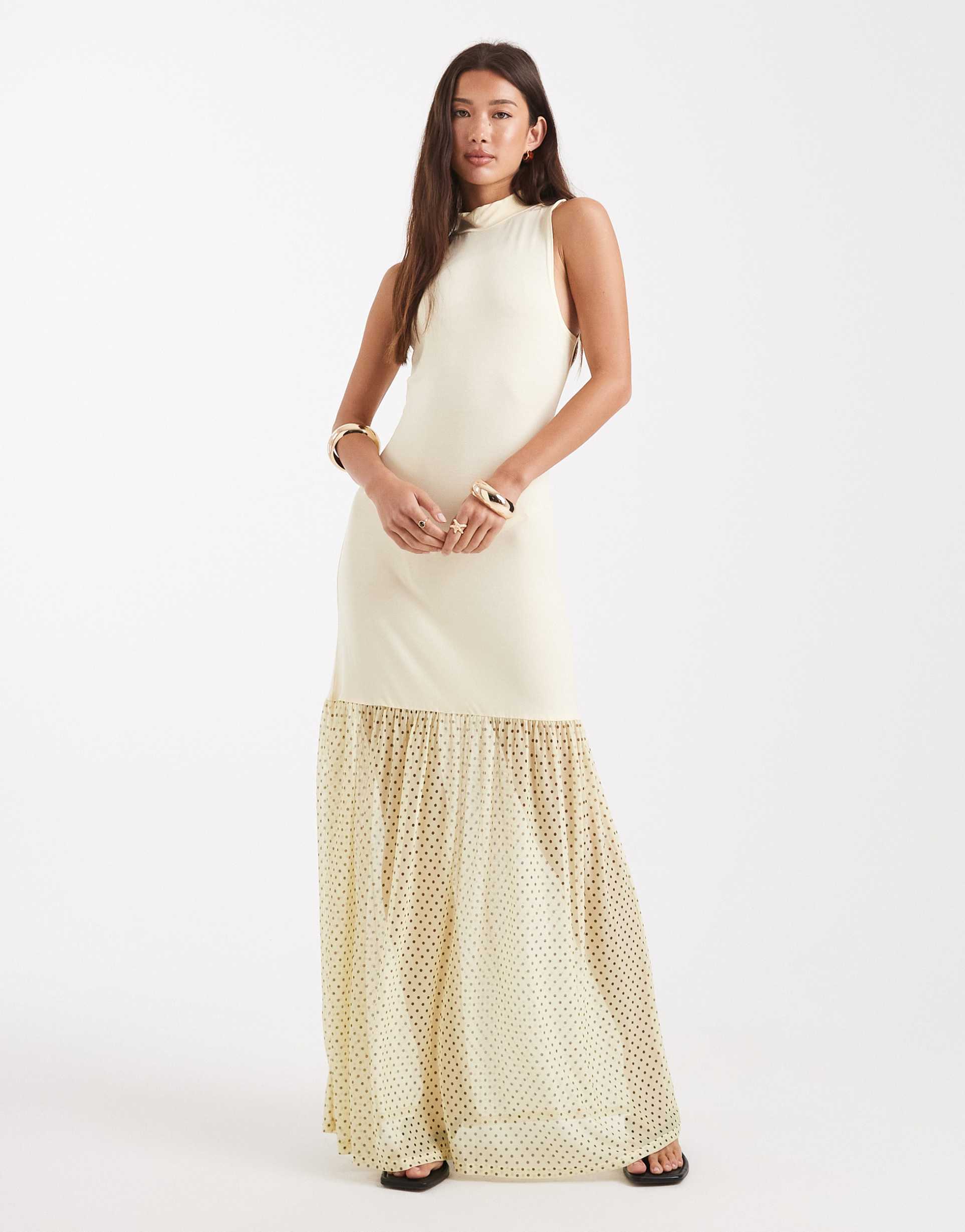miss selfridge high neck hybrid maxi dress