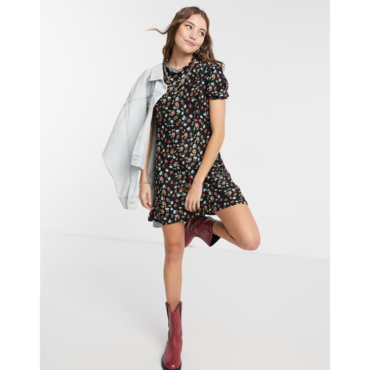 Miss Selfridge high neck mini tea dress in black floral