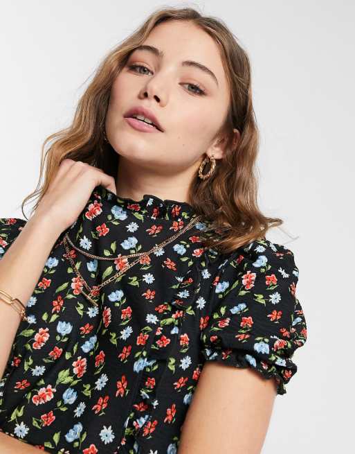 Miss Selfridge high neck mini tea dress in black floral, 3 of 4