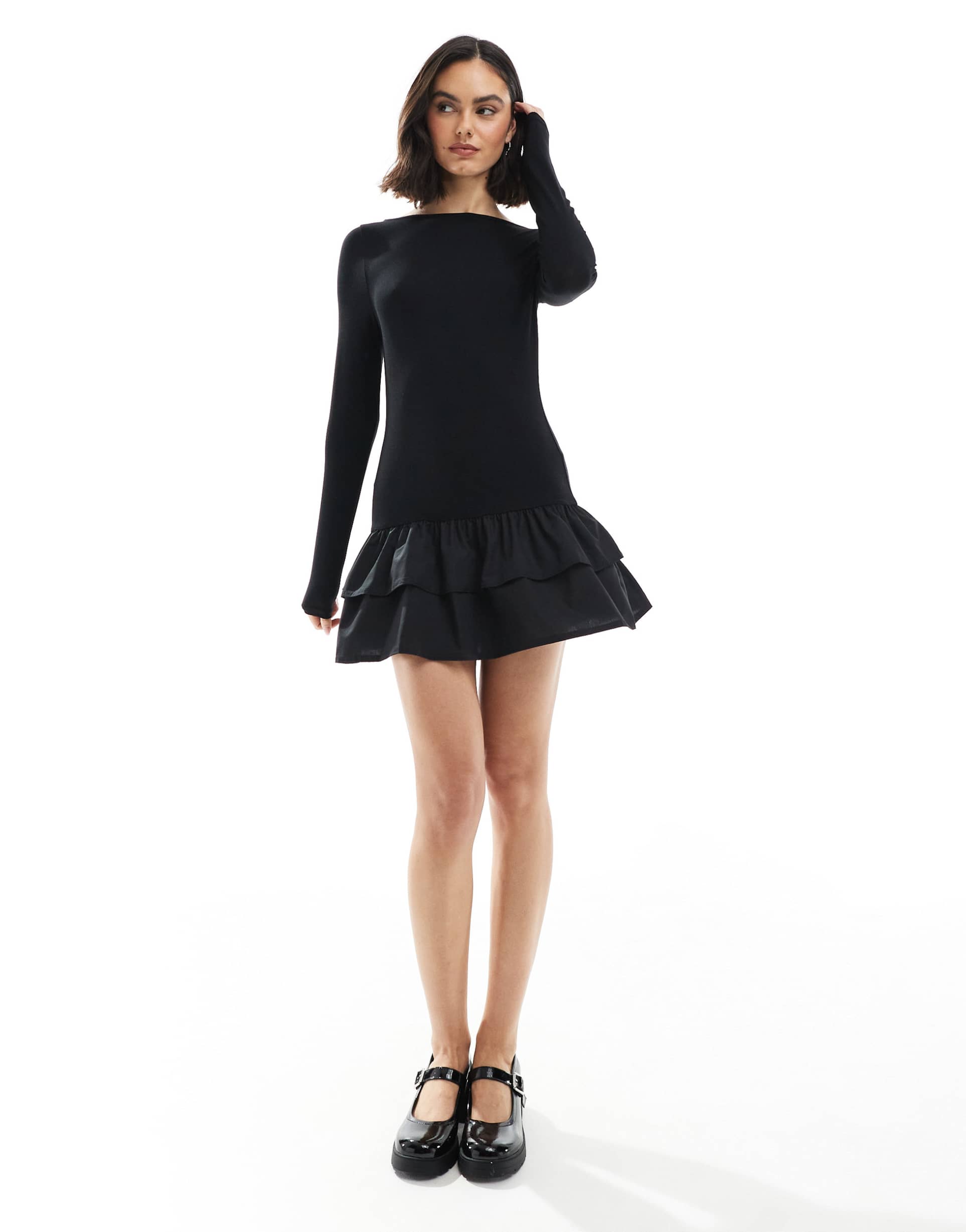 miss selfridge high neck poplin ruffle hem mini dress