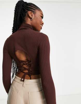 Miss Selfridge high neck rib top with lace up back detail in brown | ASOS