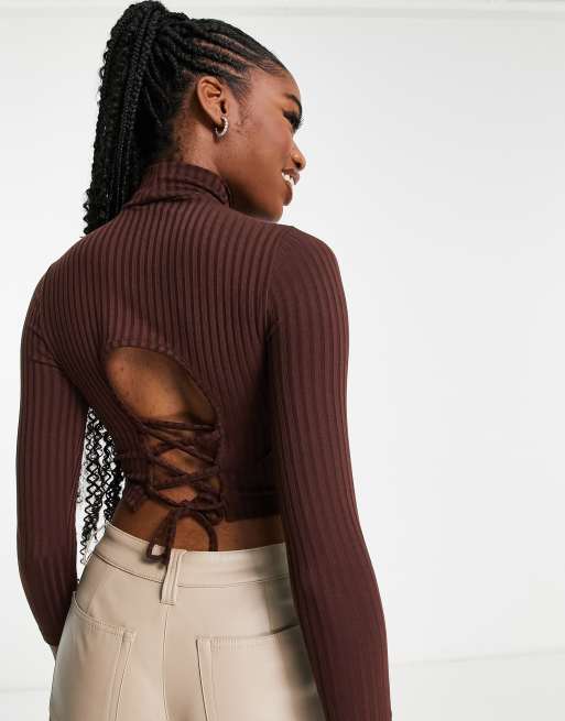 Miss Selfridge high neck rib top with lace up back detail in brown 