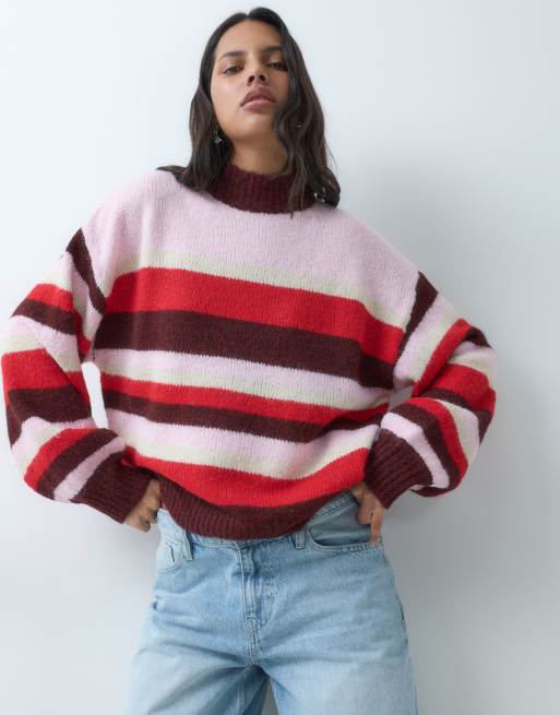 Miss Selfridge high neck stripe jumper in pink and red, 3 of 5