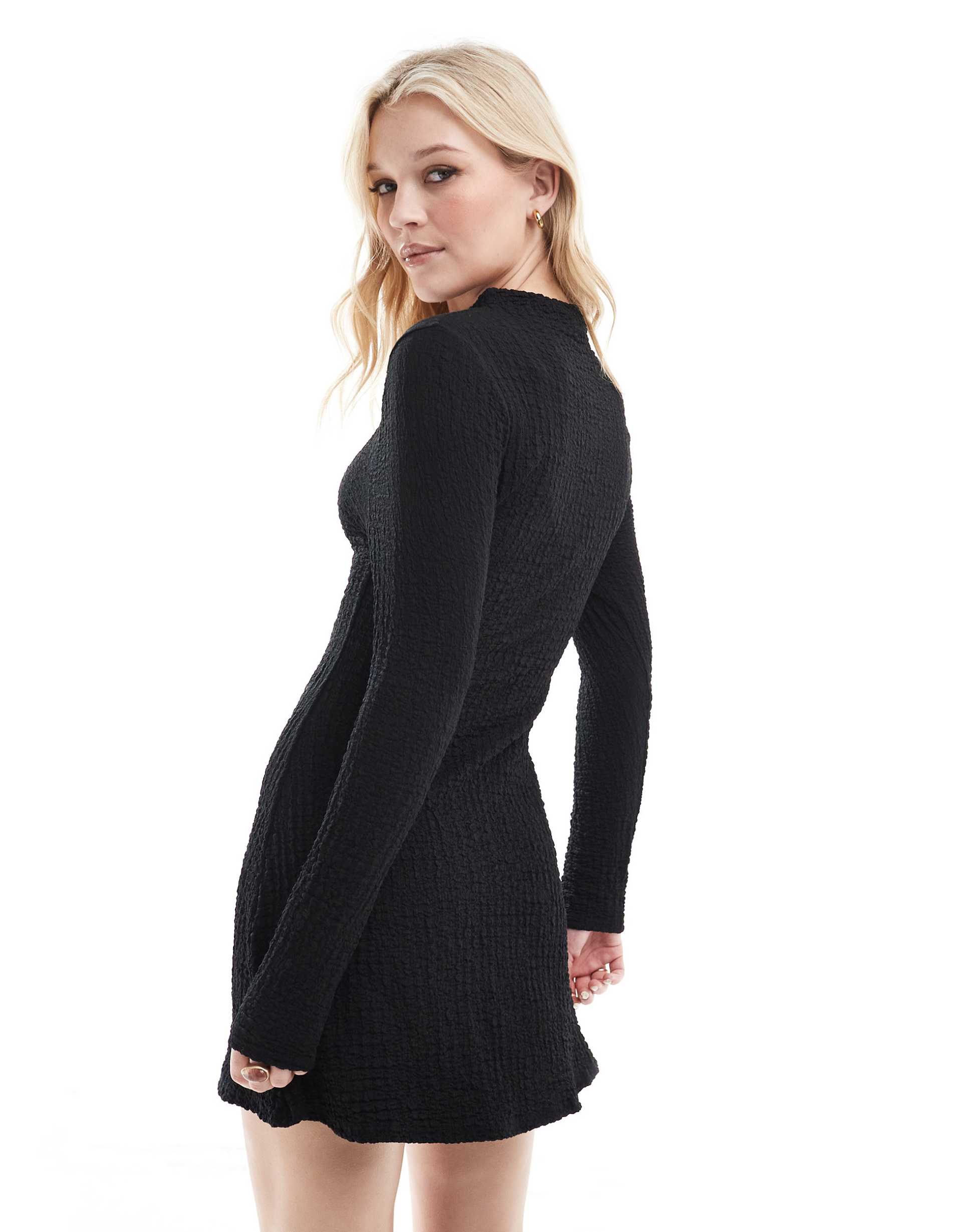 miss selfridge high neck textured fit and flare mini dress in black
