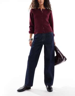 Miss Selfridge High Rise Contrast Stitch Straight Leg Jeans In Burgundy