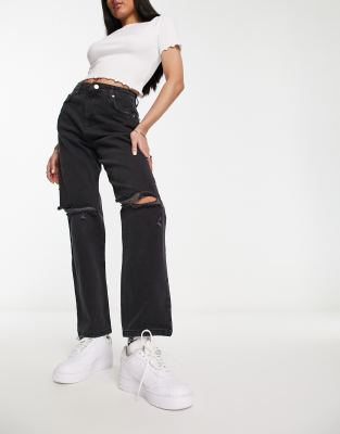 Miss Selfridge High Rise Relaxed Dad Jean With Rips In Black