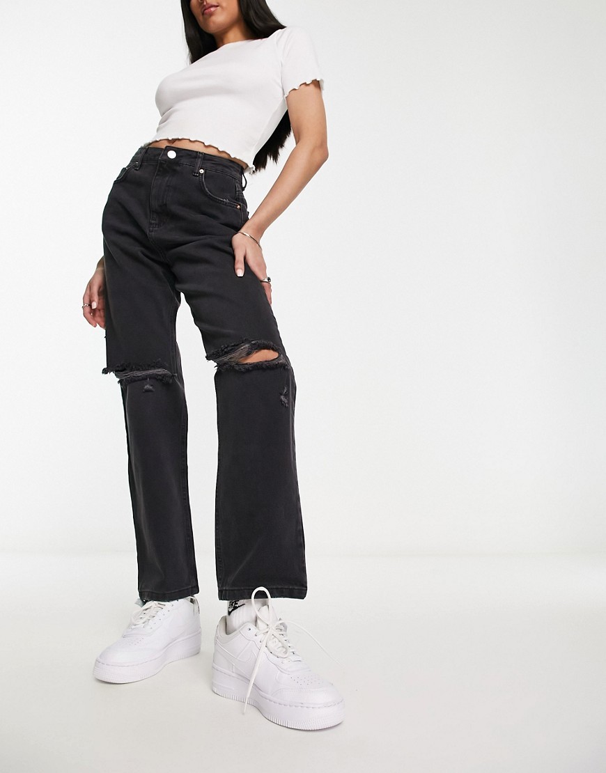 Miss Selfridge high rise relaxed dad jean with rips in black