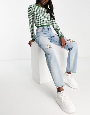 Miss Selfridge high rise relaxed dad jean with rips in lightwash blue | ASOS