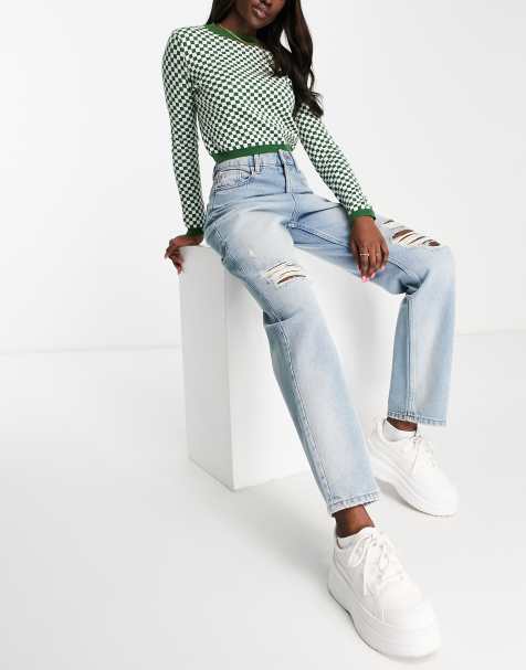 Dr Denim Nora mom jeans with rips in mid wash blue