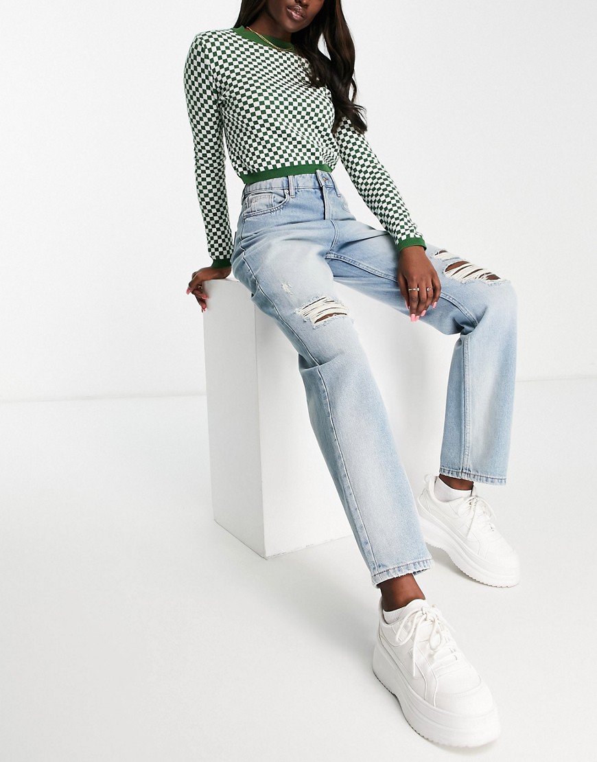Miss Selfridge high rise relaxed dad jean with rips in lightwash blue