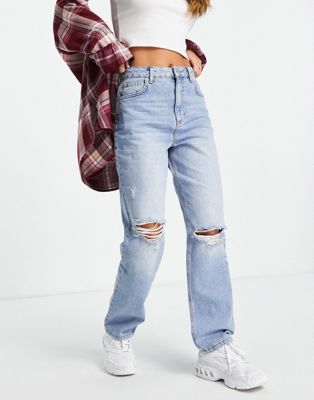 Miss Selfridge high rise relaxed dad jean with rips in midwash blue - ASOS Price Checker