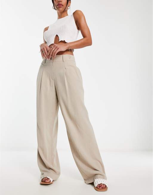 Miss Selfridge high waist wide leg linen pants in stone | ASOS