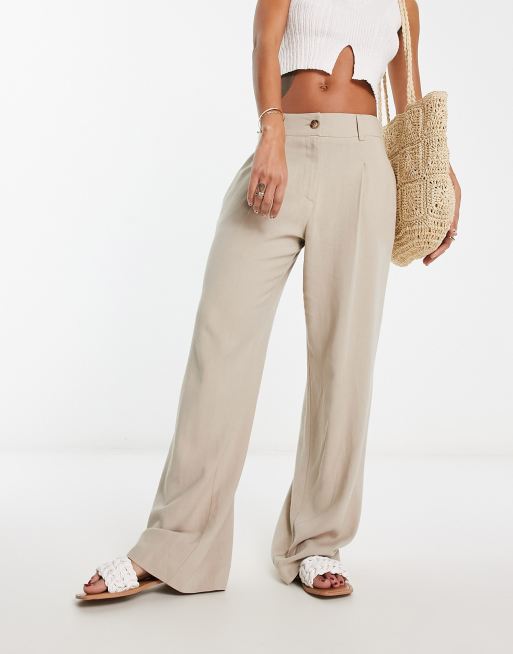 Miss Selfridge high waist wide leg linen pants in stone, 4 of 4