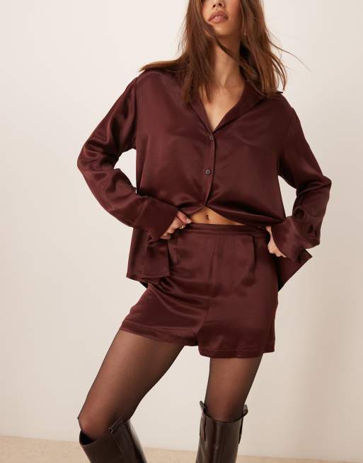 Miss Selfridge high waisted satin shorts in chocolate ASOS