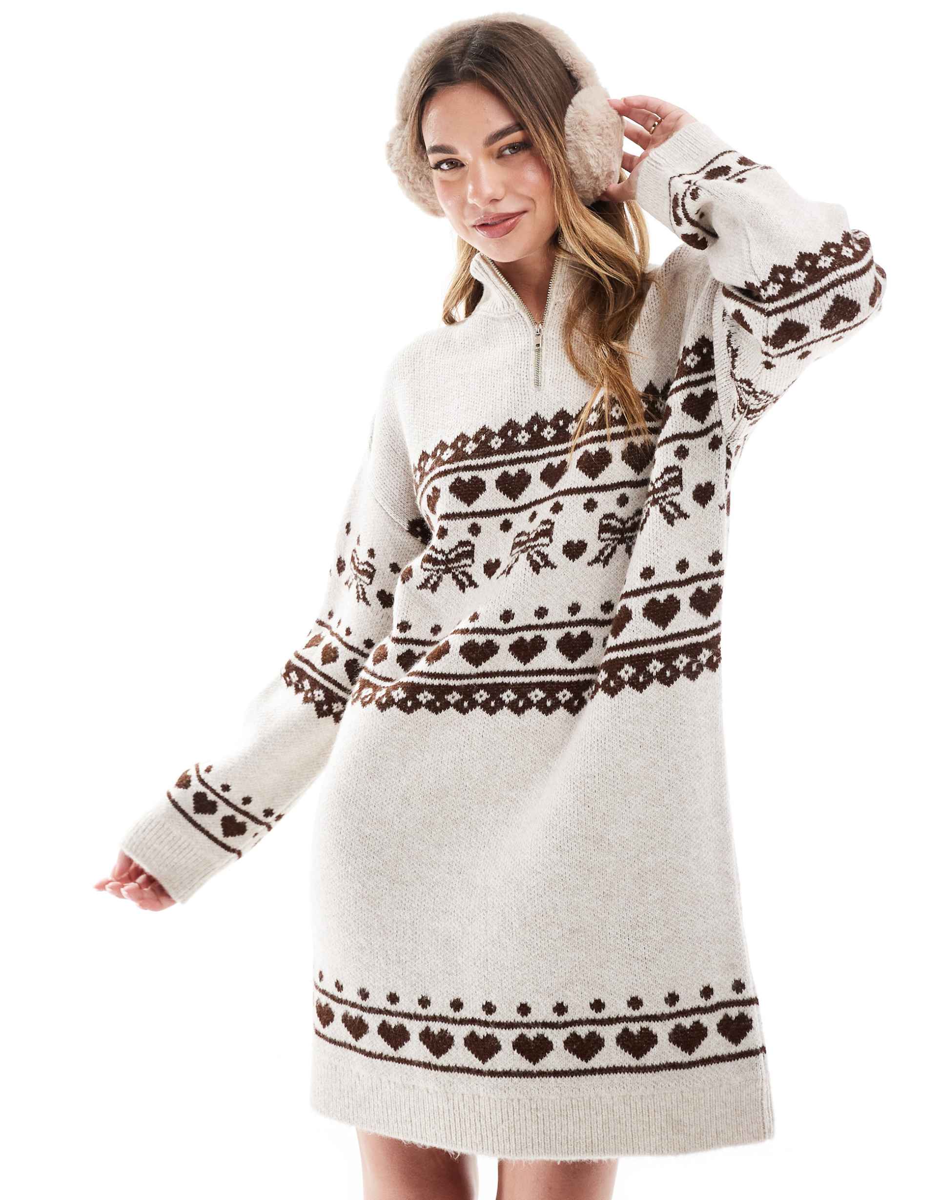 miss selfridge high zip neck fairisle mini dress