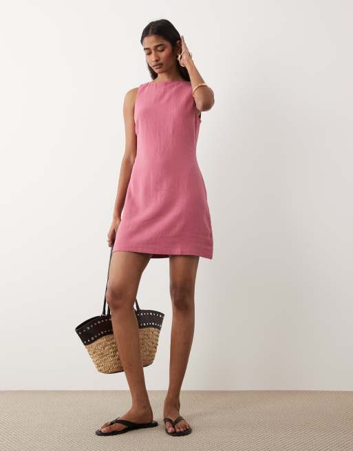 Miss Selfridge - Hindbærfarvet shift-kjole i hørlook, 3 af 4