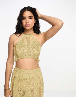 Miss Selfridge - Hinten gebundenes Neckholder-Camisole in glitzerndem Gold mit Leiterstruktur, Kombiteil-Goldfarben