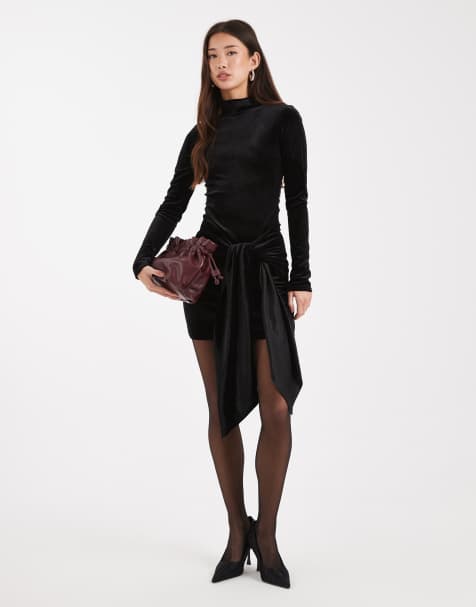 Miss Selfridge - Højhalset minikjole med bindebånd i taljen i velour - view 1