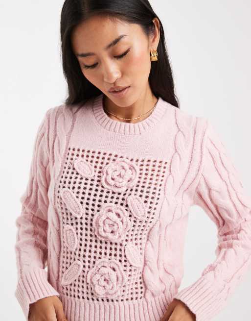 Miss Selfridge - Hæklet og cropped trøje med blomsterprint og blød og pink farve, 3 af 4