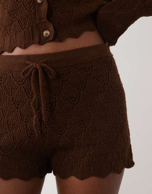 Miss Selfridge hæklet strikket shorts-sæt i chokoladebrun, 3 af 5
