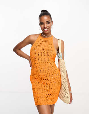 Miss Selfridge - Hochgeschlossenes Festival-Minikleid aus Häkelstoff in Orange mit Rückendetail