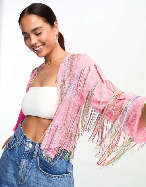 Miss Selfridge – Hochwertige Jacke in Rosa mit verzierte Quasten in Regenbogenfarben