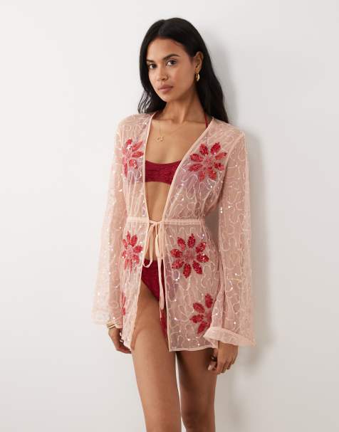 Miss Selfridge – Hochwertiger, taillierter Mini-Strandkimono in Rosa mit Perlenverzierung - view 1