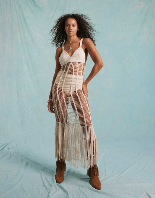 Miss Selfridge – Hochwertiges, gehäkeltes Midi-Strandkleid in Cremeweiß