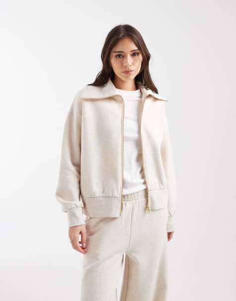 Miss Selfridge – Hochwertiges Sweatshirt in Hellbeige mit durchgehendem Reißverschluss und Kragendetail, Kombiteil - view 1