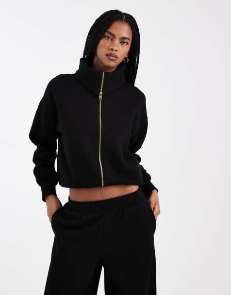 Miss Selfridge – Hochwertiges Sweatshirt in Schwarz mit durchgehendem Reißverschluss und Kragendetail, Kombiteil - view 1