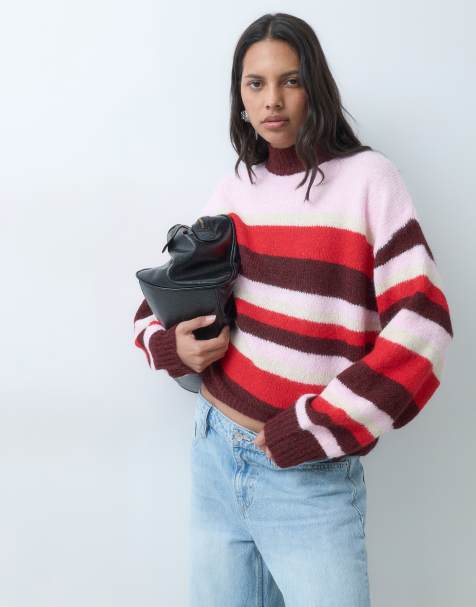 Miss Selfridge hoogsluitende gestreepte trui in roze en rood - view 1