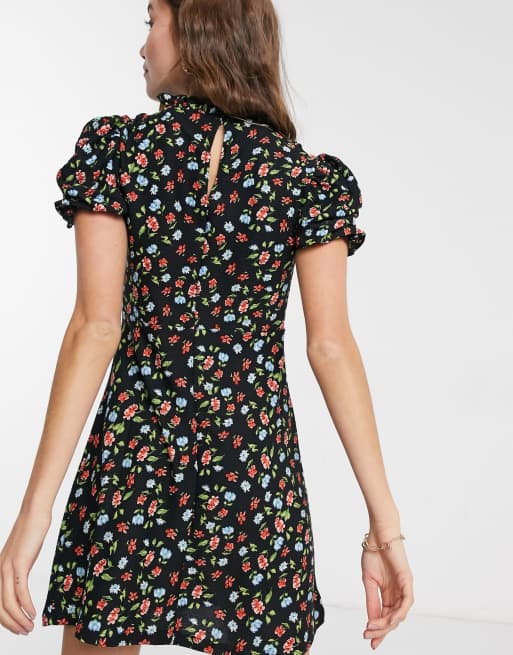 Miss Selfridge - Hoogsluitende nette mini-jurk in zwarte bloemenprint, 2 van 4
