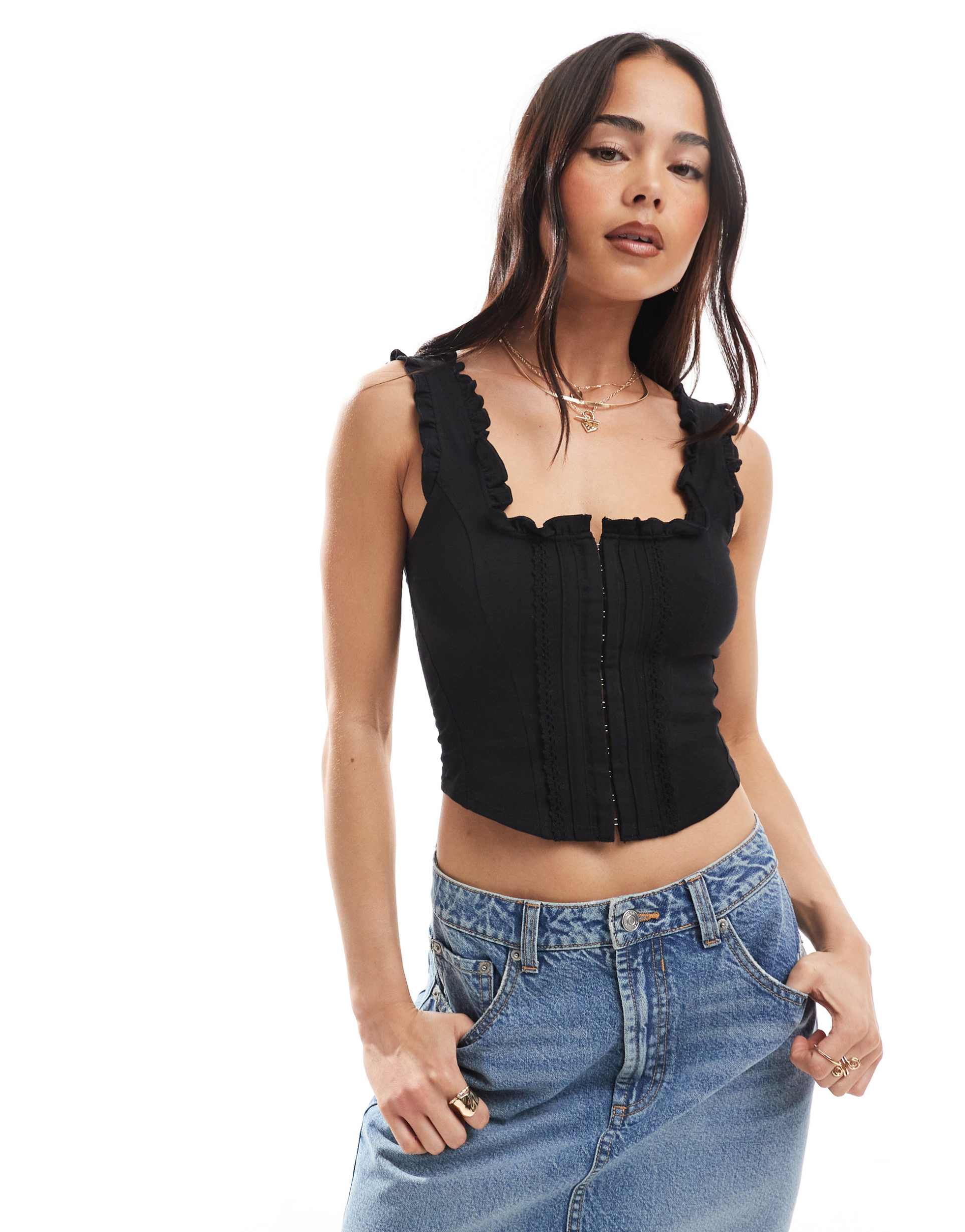 miss selfridge hook and eye detail corset top in black