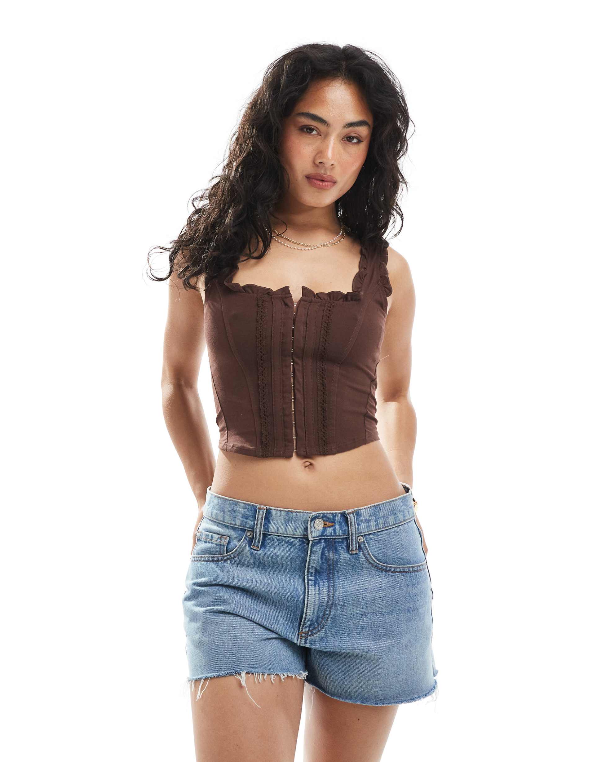 miss selfridge hook and eye detail corset top in chocolate