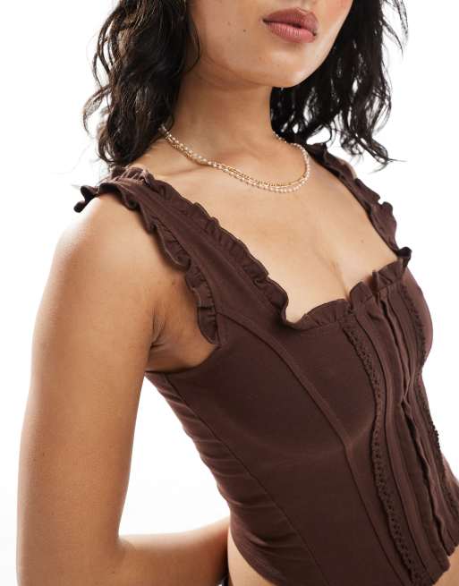Miss Selfridge hook and eye detail corset top in chocolate, 4 of 4