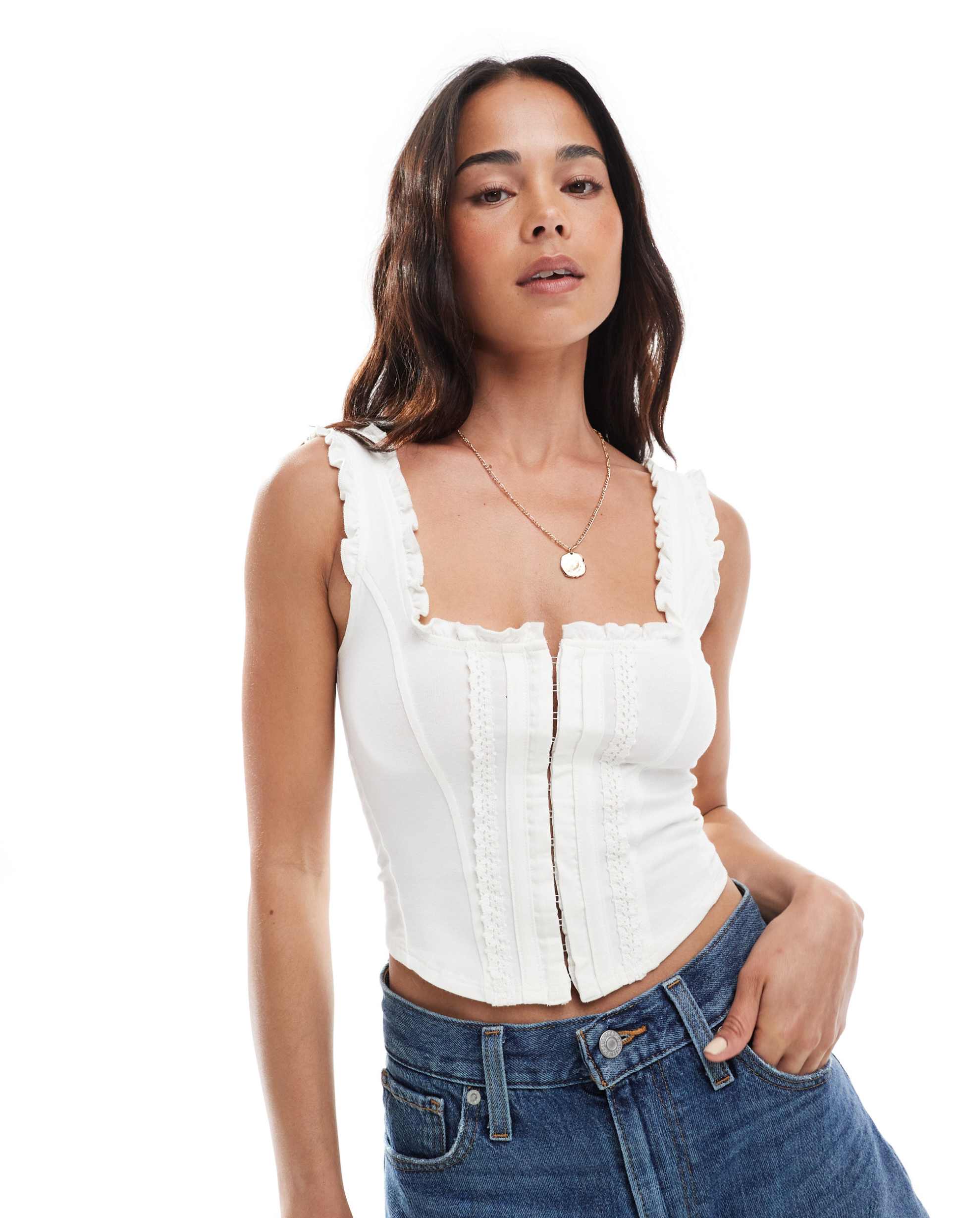 miss selfridge hook and eye detail corset top in cream