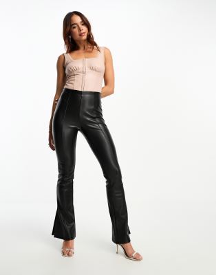 hook and eye faux leather bodysuit in taupe-Brown