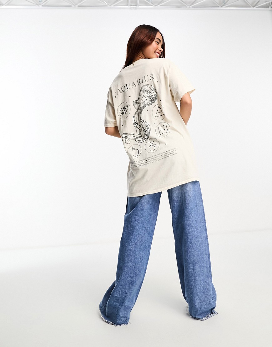Miss Selfridge Horoscope Aquarius Oversized T-shirt In Ecru-white