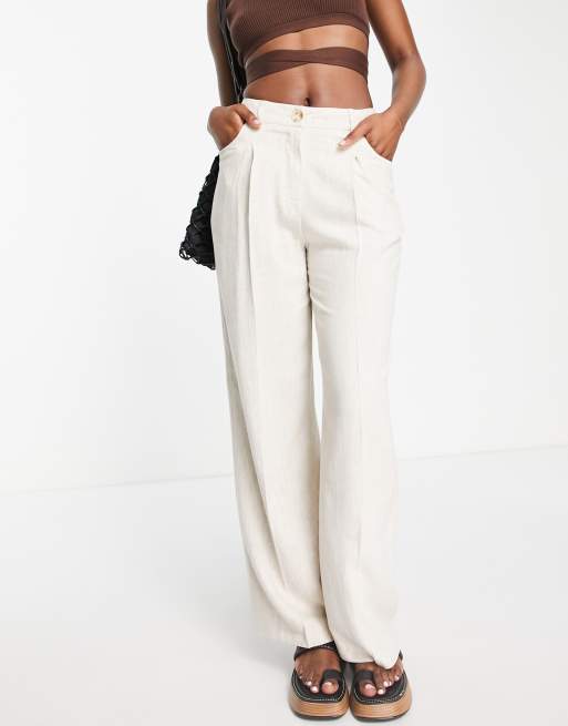 Miss Selfridge – Hose aus Leinenmischgewebe mit weitem Bein in Steinweiß