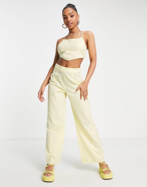 Miss Selfridge – Hose aus Leinenmix in Zitrone mit weitem Bein, Kombiteil