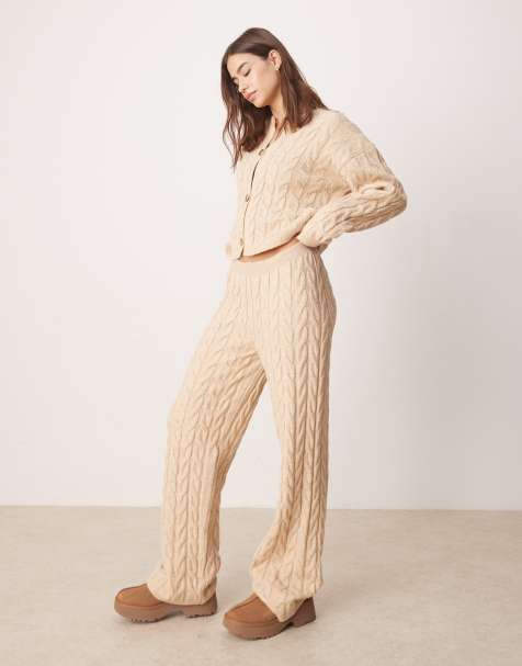 Miss Selfridge – Hose aus Strick in Taupe mit weitem Bein und Zopfmuster, Kombiteil - view 1