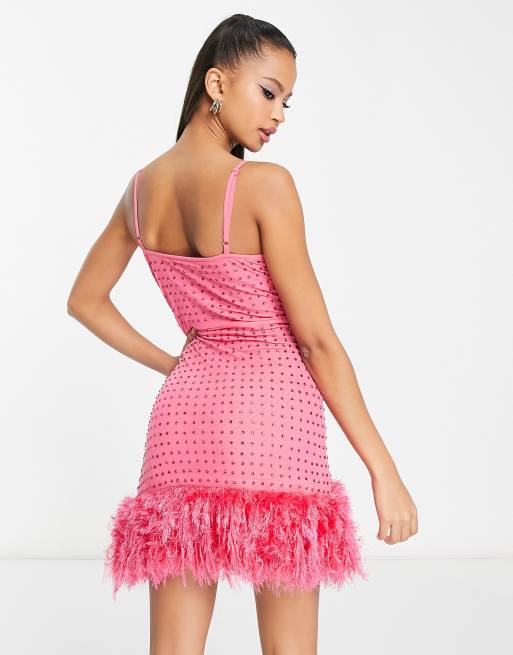Miss Selfridge hotfix cami dress with faux feather in pink