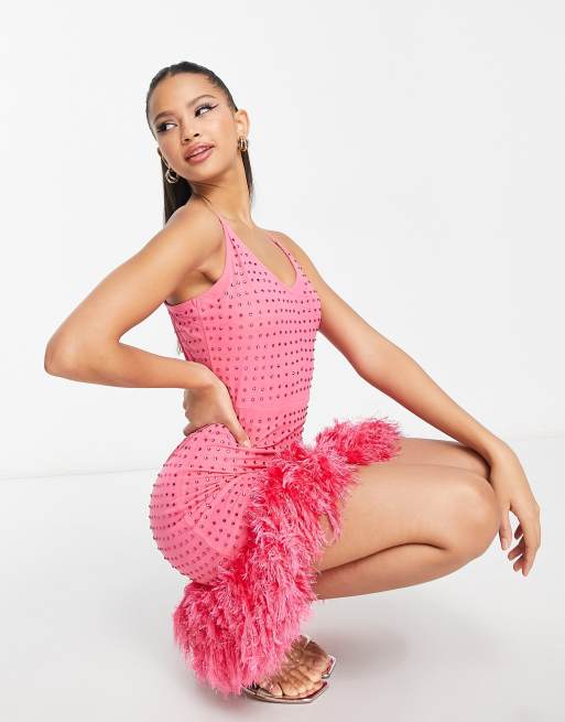 Miss Selfridge hotfix cami dress with faux feather in pink, 4 of 4