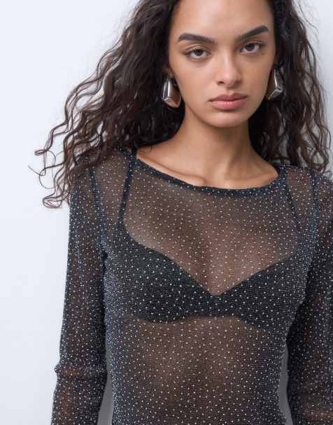 Miss Selfridge hotfix mesh long sleeve top in black