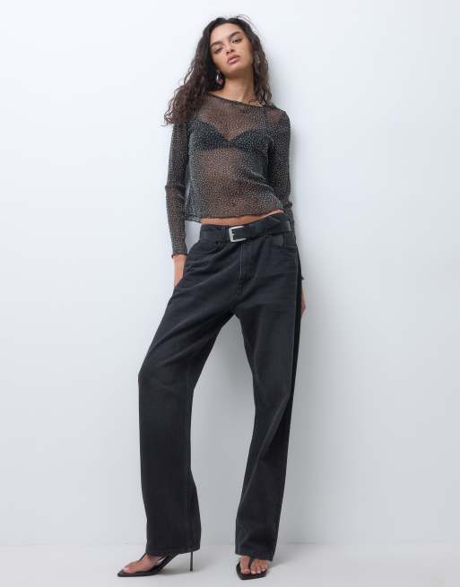 Miss Selfridge hotfix mesh long sleeve top in black, 2 of 5